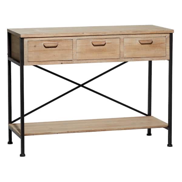 Natural Wood 3 Drawer Console Table, Wood And Metal Console Table With Shelves