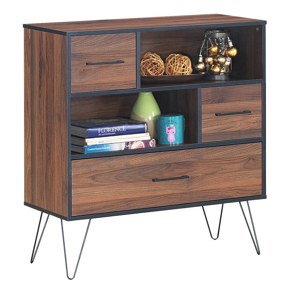 Walnut Multipurpose Sideboard Storage Cabinet with Metal Legs and Drawers
