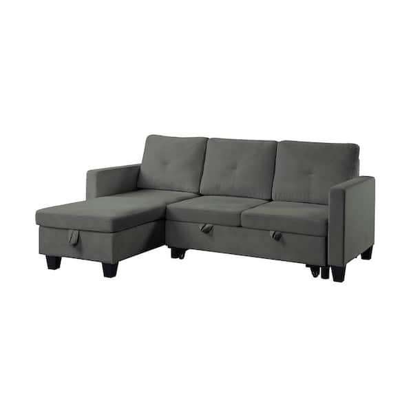 SIMPLE RELAX 82.5 in. W Velvet Reversible Sleeper Sectional Sofa with Storage Chaise in Dark Gray