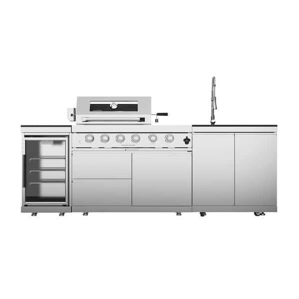 98 in. W 6-Burner Propane Gas Grill Island in Stainless Steel, with Wine Cooler, Compact Refrigerator, Rotisserie kit
