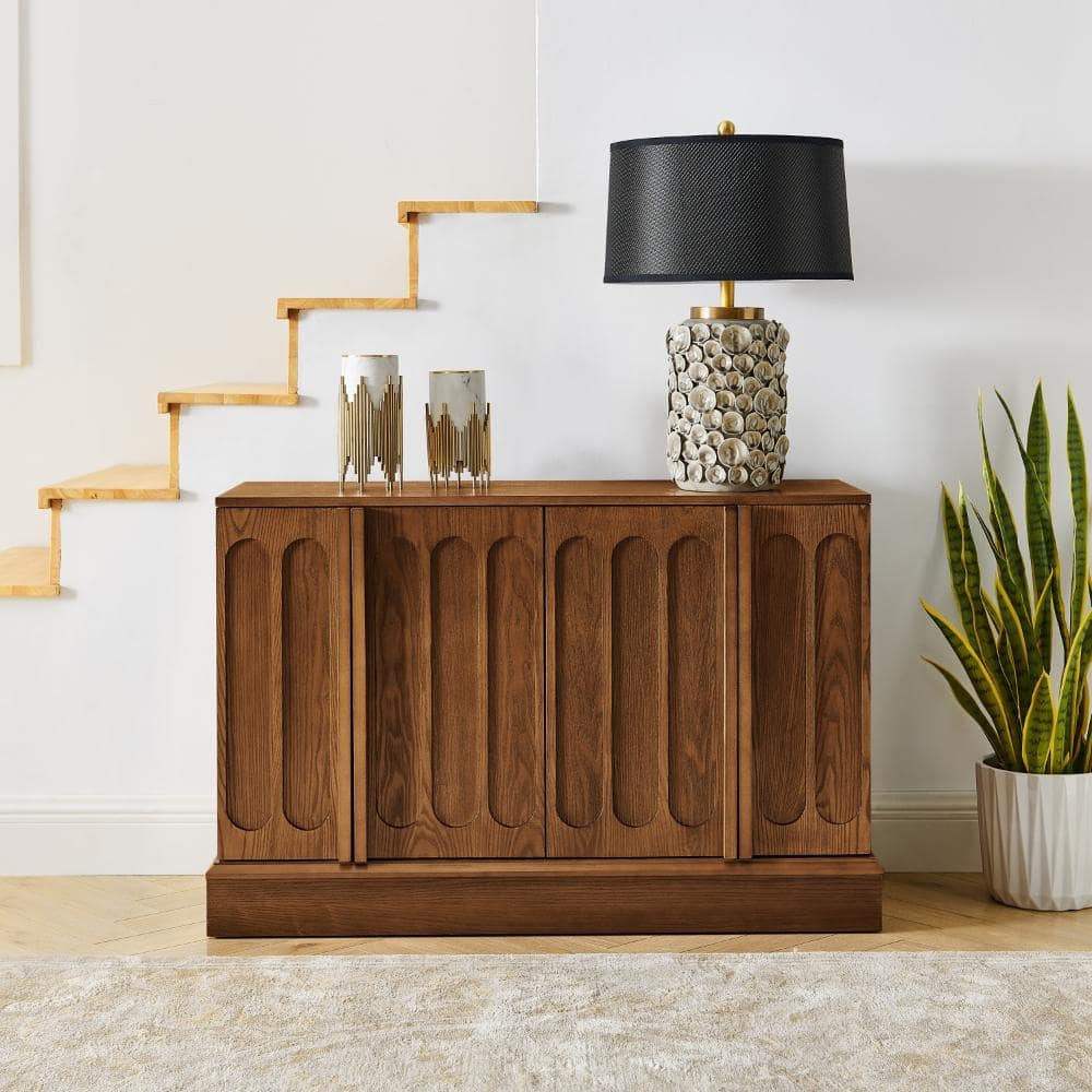 Mid-Century Fluted Sideboard Cabinet with Adjustable Shelves, Walnut MDF Buffet Storage for Living Room