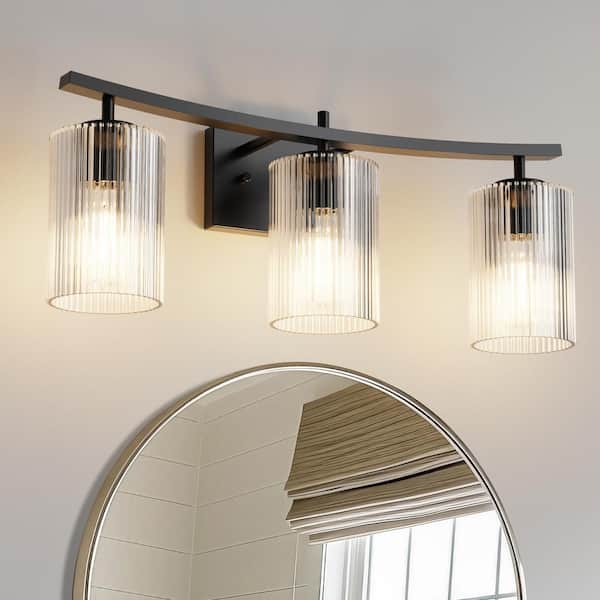 YANSUN 24 in. 3-Light Black Vanity Light with Cylinder White Glass Shades for Bathroom, Mirror, Living Room