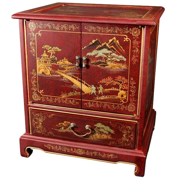 Oriental Furniture Japanese Landscape Red End Table