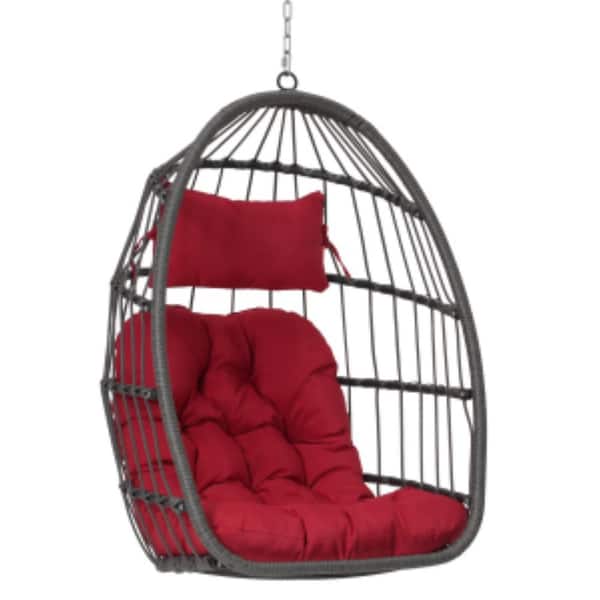 ITOPFOX 1-Person Red with Gray Frame Rattan Wood Egg Hanging Patio Swing