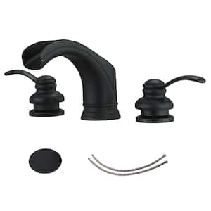 8 in. Widespread Double Handle Bathroom Faucet, 2-Handle Waterfall Bathroom Faucet with Drain in Matte Black