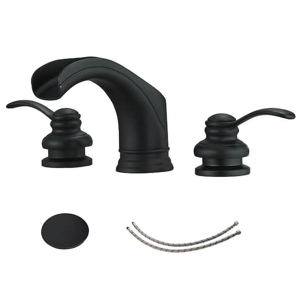 Fapully 8 in. Widespread Double Handle Bathroom Faucet, 2-Handle Waterfall Bathroom Faucet with Drain in Matte Black