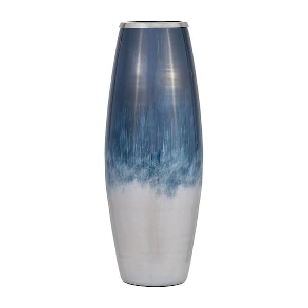 24 in. Blue Glass Cylinder Coastal Ombre Decorative Vase with Metal Rim
