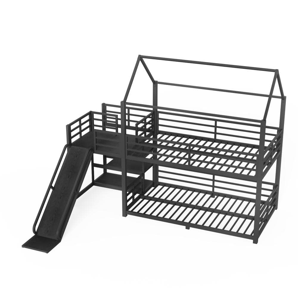 Black Metal Twin over Twin Bunk Bed with Storage Stairs, Slide, Rails price history on PriceWatchPro