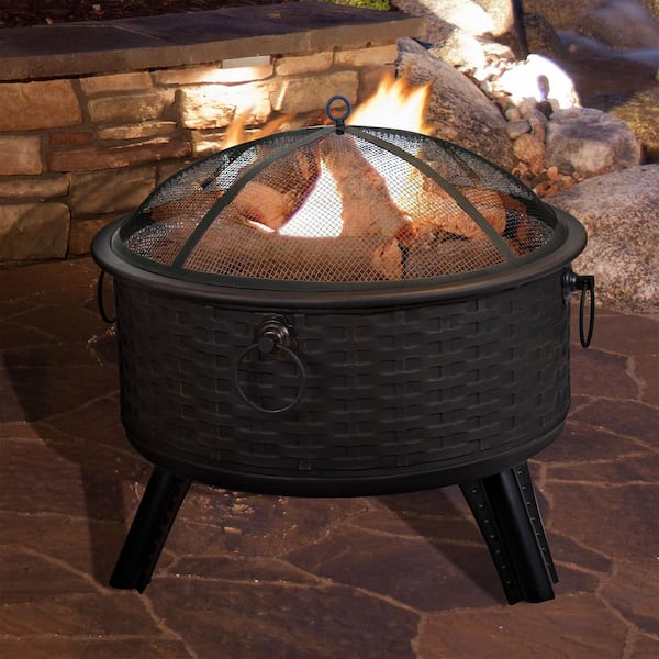 Pure Garden 26 in. Steel Round Woven Fire Pit with Cover