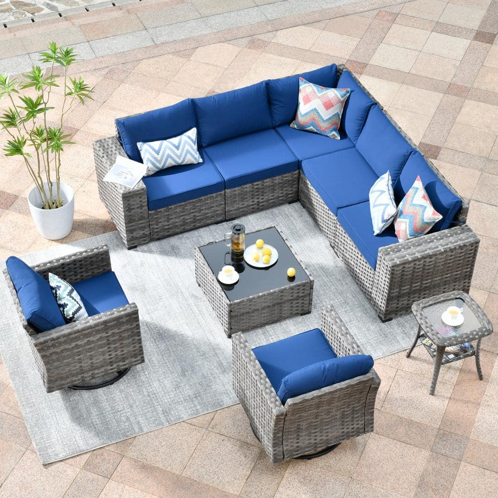 HOOOWOOO Crater Grey 9-Piece Wicker Wide-Plus Arm Patio Conversation ...