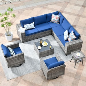 Crater Grey 9-Piece Wicker Wide-Plus Arm Patio Conversation Sofa Set with Swivel Rocking Chairs and Navy Blue Cushions