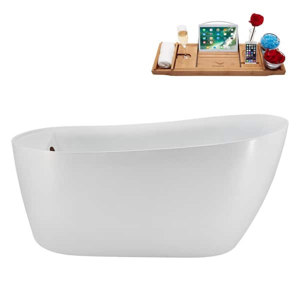 Streamline 59 in. x 30 in. Acrylic Freestanding Soaking Bathtub in Glossy White with Matte Oil Rubbed Bronze Drain, Bamboo Tray