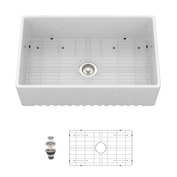 30 in. Farmhouse Single Bowl White Ceramic Kitchen Sink with Bottom Grids