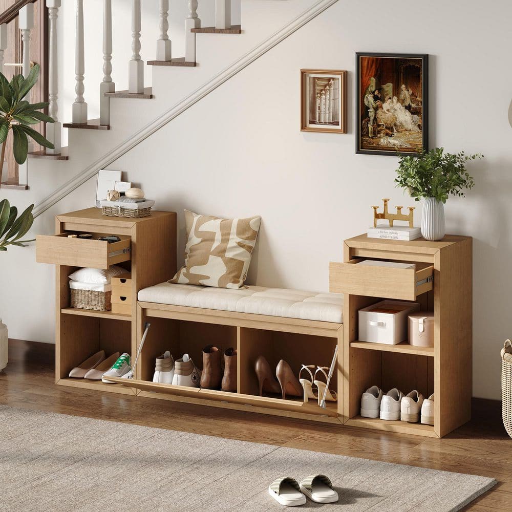 77.48 in. Brown All-in-One Entryway Storage Bench with Cushion , Drawers and Open Shelves