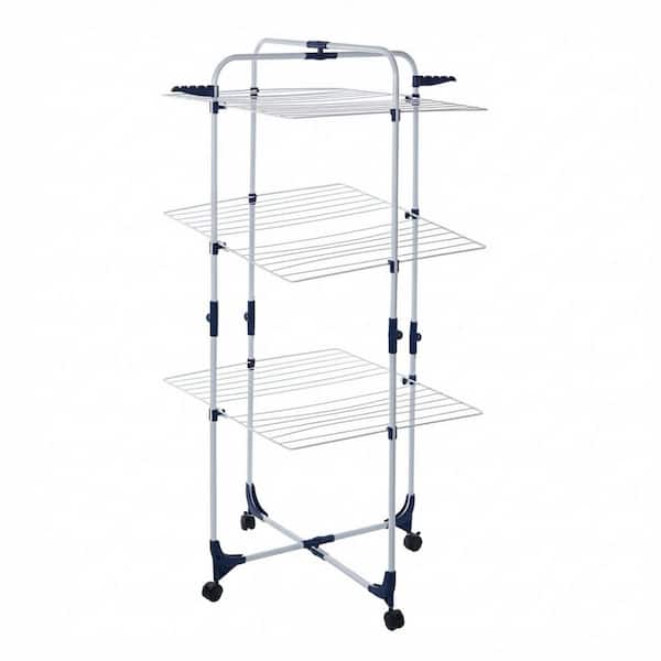 White 53.15in.Hx27.5in.Wx 27.5in.D 3-Tiered Steel and Plastic Freestanding Drying Rack w/ Collapsible Shelves and Wheels