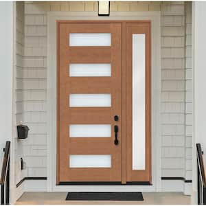 Regency 51 in. x 96 in. 5L Modern Frosted Glass LH AutumnWheat Stain Mahogany Fiberglass Prehung Front Door w/12in.SL