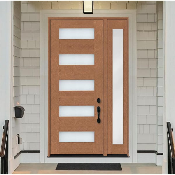 Regency 53 in. x 80 in. 5L Modern Clear Glass LHIS AutumnWheat Stain Mahogany Fiberglass Prehung Front Door w/14 in. SL