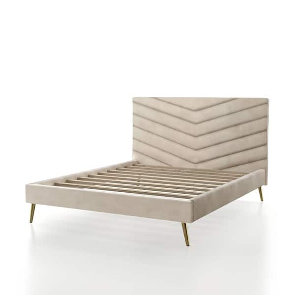 Stateridge Beige Polyester Frame California King Platform Bed with Padded Headboard