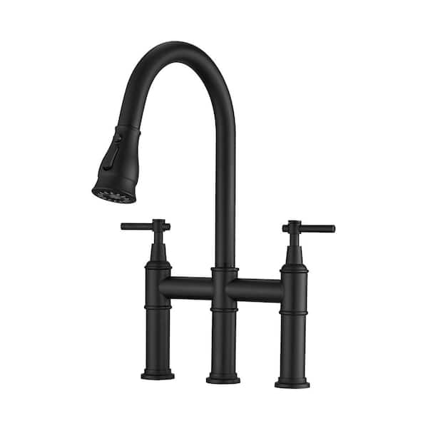 FLG Double Handle Bridge Kitchen Faucet with Pull Down Sprayer Stainless Steel Commercial Kitchen Sink Faucet in Matte Black