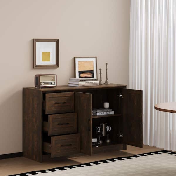 Walnut Finish Wood Buffet with 3 Drawers, Double Doors, Smooth Slides, Kitchen and Dining Storage Server