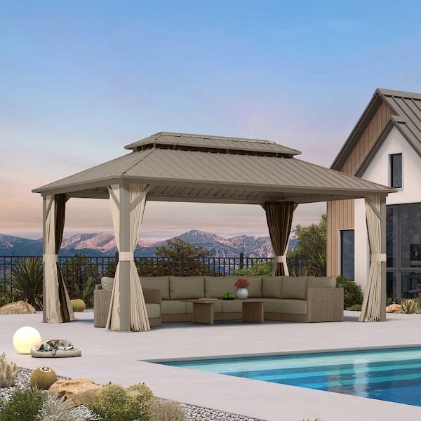 10 ft. x 16 ft. Champagne Aluminum Hardtop Gazebo Canopy with Galvanized Steel Double Roof, Curtains and Netting