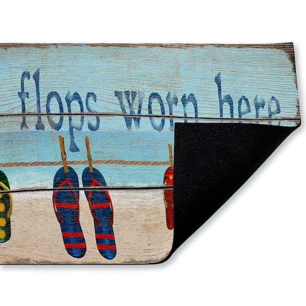 Flip Flops Worn Here Beach Greeting Blue 18 in. x 30 in. Polyester Non-Slip Outdoor Door Mat