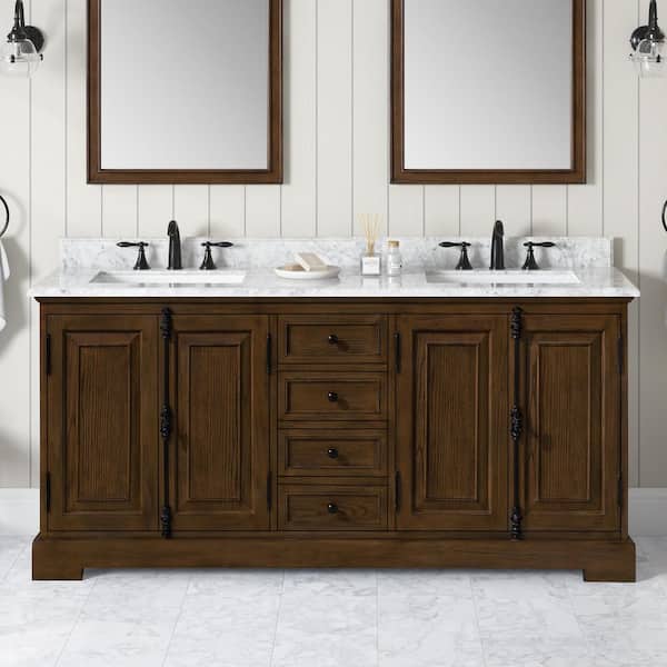 Home Decorators Collection Clinton 72 in. Double Sink Antique Coffee Bath Vanity with Carrara Marble Top (Assembled)