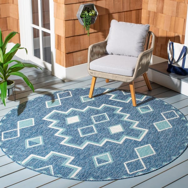 Courtyard Navy/Aqua 4 ft. x 4 ft. Aztec Tribal Indoor/Outdoor Patio  Round Area Rug