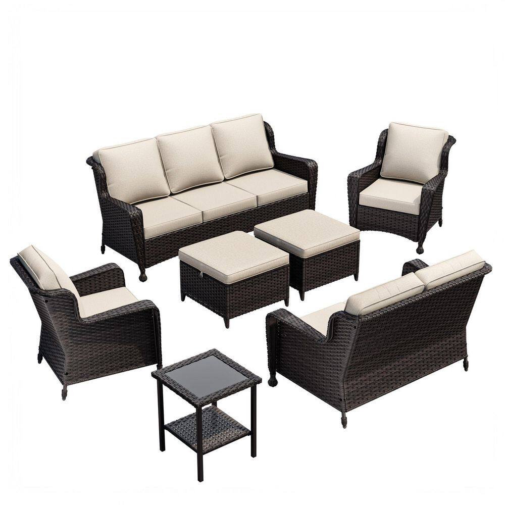 Elegant 7-Piece Wicker Patio Conversation Set Sofa Set with Ottoman, Side Table and Beige Cushions price history on PriceWatchPro