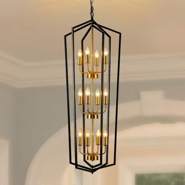 Magic Home 12-Light Lantern Tiered Island Hall Foyer Hanging Chandelier Living Room Pendant, Black and Gold