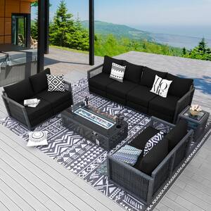 6-Piece Luxury Patio Gray Wicker Deep Seating Sectional Set, Fire Pit and Thick Black Olefin Cushions