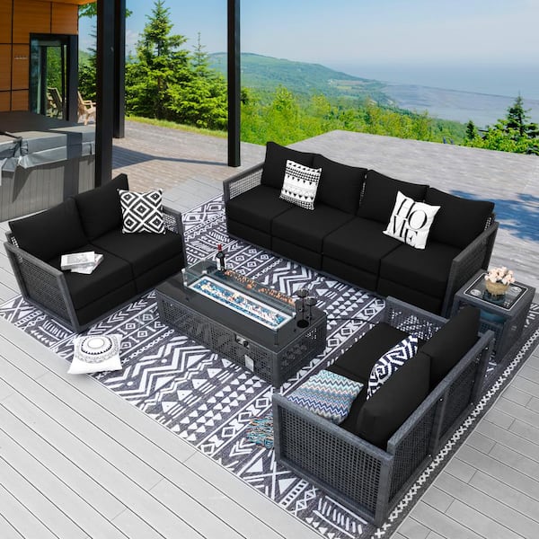 NICESOUL 6-Piece Luxury Patio Gray Wicker Deep Seating Sectional Set, Fire Pit and Thick Black Olefin Cushions