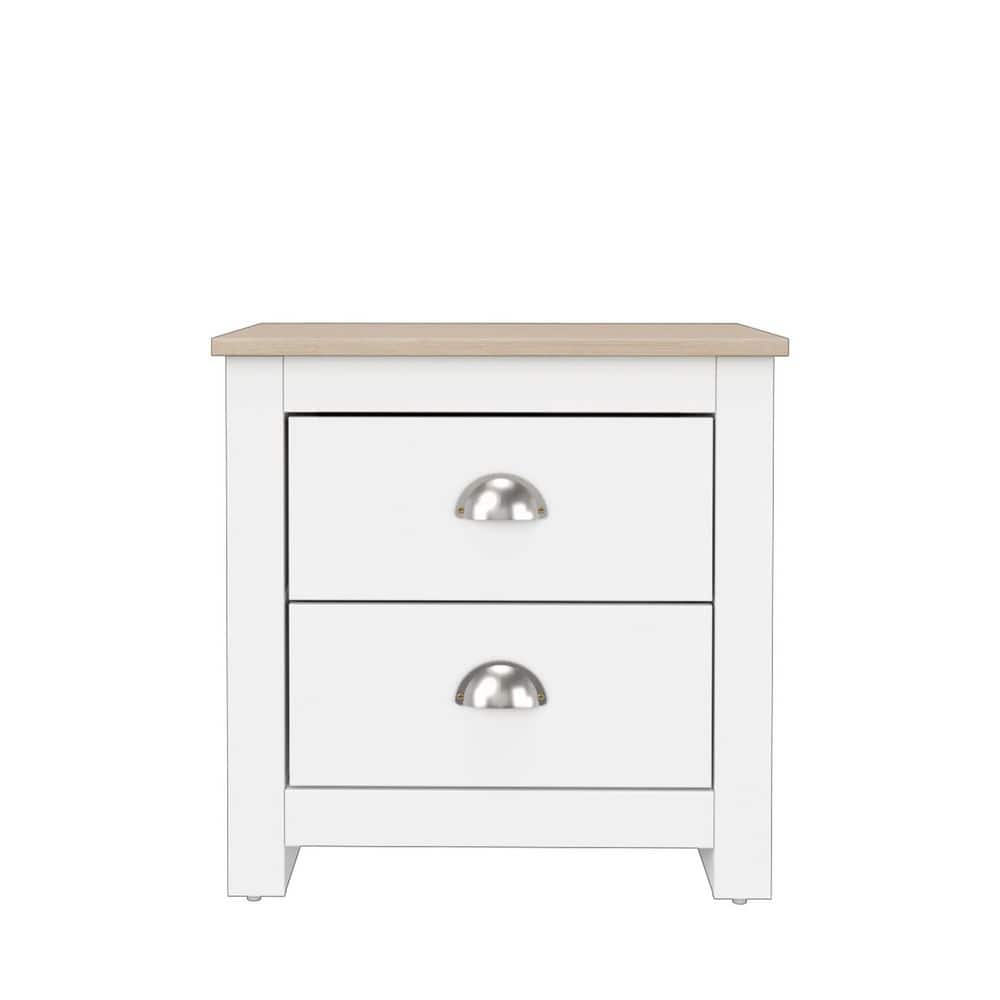 19.68 in. White and Natural Oak Rectangle Wood End Table with 2 Drawers