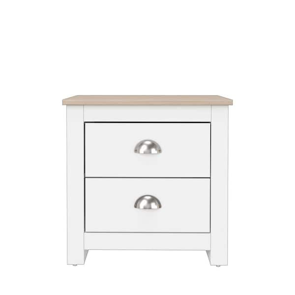 19.68 in. White and Natural Oak Rectangle Wood End Table with 2 Drawers
