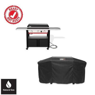 Slate Griddle 3-Burner Natural Gas 30 in. Flat Top Grill in Black with Thermometer and Grill Cover