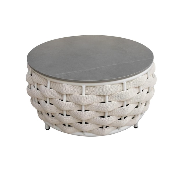 TWT Beige Round Olefin Woven Rope Aluminum Patio Outdoor Coffee Table with Rock Slabs