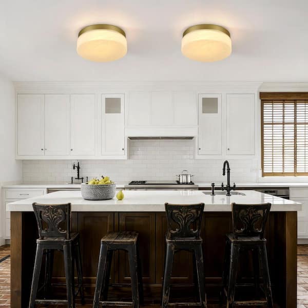 GMGSROM 11.4 in. LED Gold Flush Mount With Cloudy Glass Shade