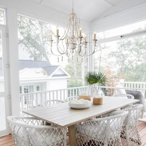 Farmhouse 6-Light Distressed White Chandelier with Wood Beaded for Living Room, Dining Room