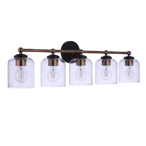 Coppa 32.48 in. 5-Light Flat Black/Satin Brass Finish Vanity Light with Clear Glass Shade