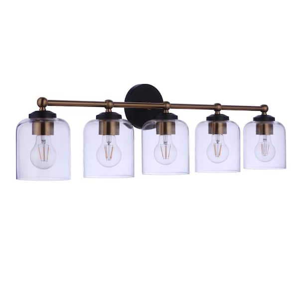 CRAFTMADE Coppa 32.48 in. 5-Light Flat Black/Satin Brass Finish Vanity Light with Clear Glass Shade