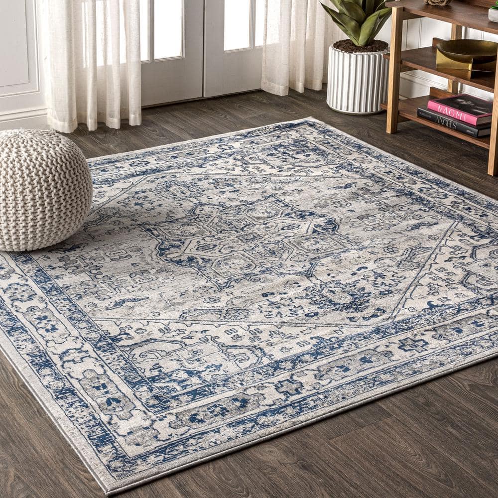 JONATHAN Y Modern Persian Vintage Medallion Light Grey/Navy 6 ft. 7 in. Square Area Rug MDP106B