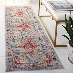 Madison Grey/Fuchsia 2 ft. x 8 ft. Border Floral Geometric Medallion Runner Rug