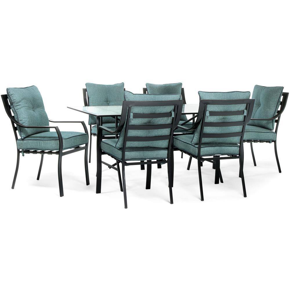 Lavallette 7-Piece Black Steel Outdoor Dining Set with Blue Cushions