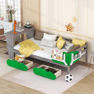 Gray Twin Size Daybed with Desk, Green Leaf Shape Drawers and Shelves