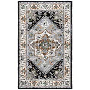 Heritage Gray/Navy 5 ft. x 8 ft. Border Floral Medallion Area Rug