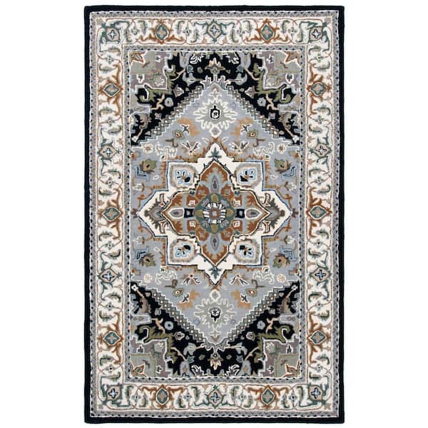 SAFAVIEH Heritage Gray/Navy 5 ft. x 8 ft. Border Floral Medallion Area Rug