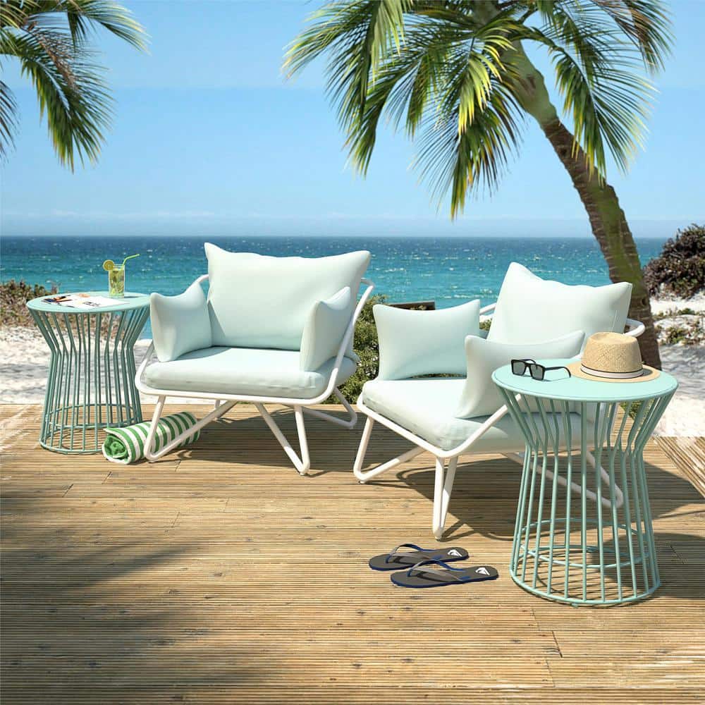 Teddi Aqua Haze Midcentury Modern Outdoor Lounge Chair Pair with Cushions