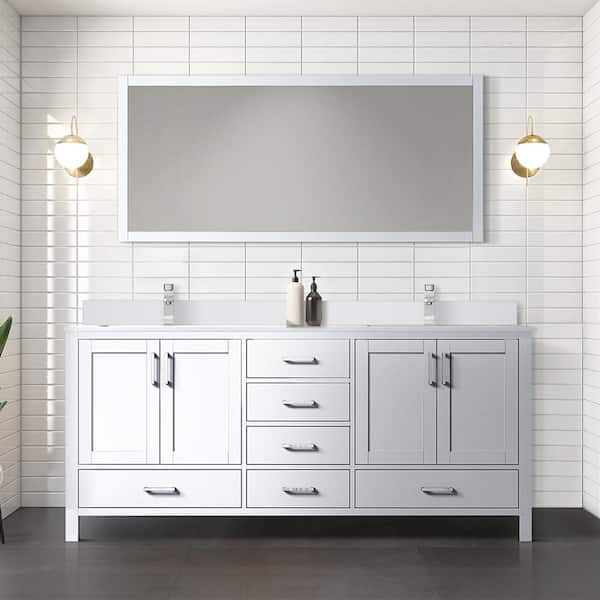 Lexora Jacques 72 in. W x 22 in. D White Bath Vanity, Cultured Marble Top, Faucet Set, and 28 in. Mirror