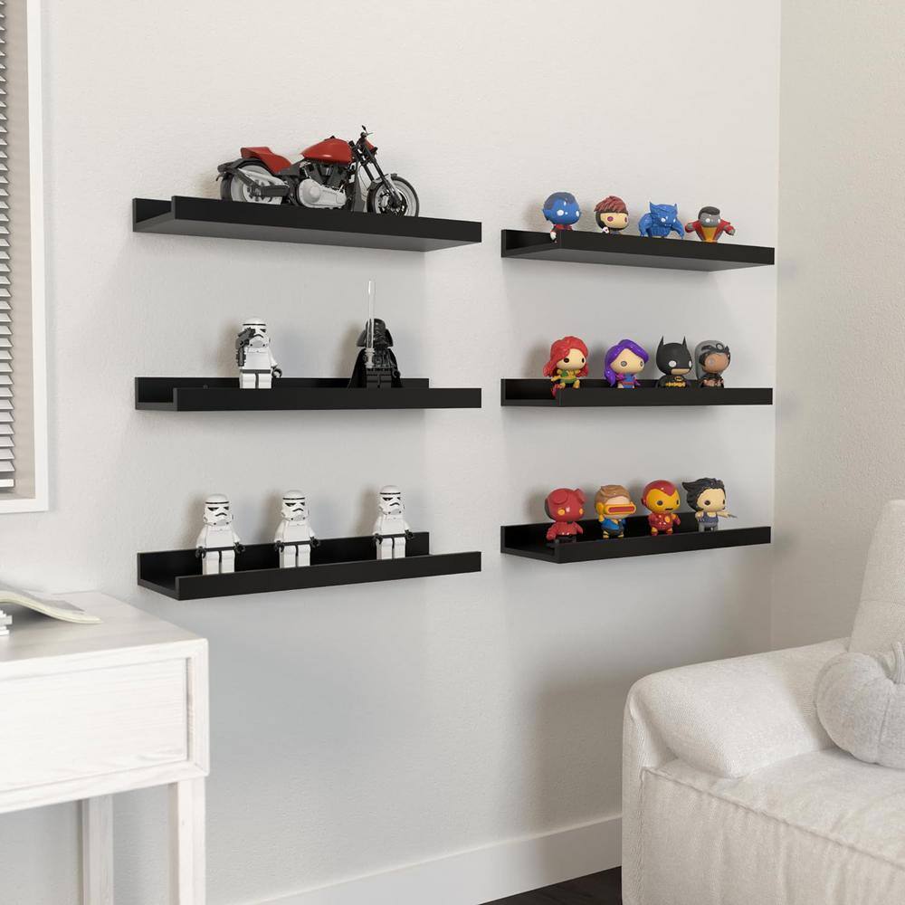 Set of 6 Black MDF Floating Wall Shelves with Ledge