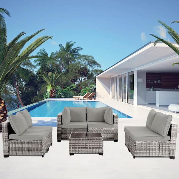 Unbranded Gray 7-Piece Outdoor Patio Sectional Sofa Couch PE Wicker Furniture Outdoor Sectional Sofa Set with Gray Cushions